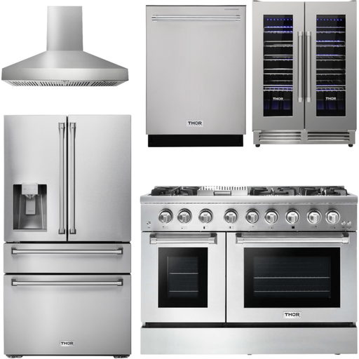 Thor Kitchen Kitchen Appliance Packages Thor Kitchen 48 In. Dual Fuel Range, Range Hood, Refrigerator with Water and Ice Dispenser, Dishwasher, Wine Cooler Appliance Package
