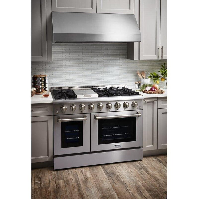 Thor Kitchen 48 in. Gas Burner/Electric Oven Range, Range Hood, Microwave Drawer Appliance Package