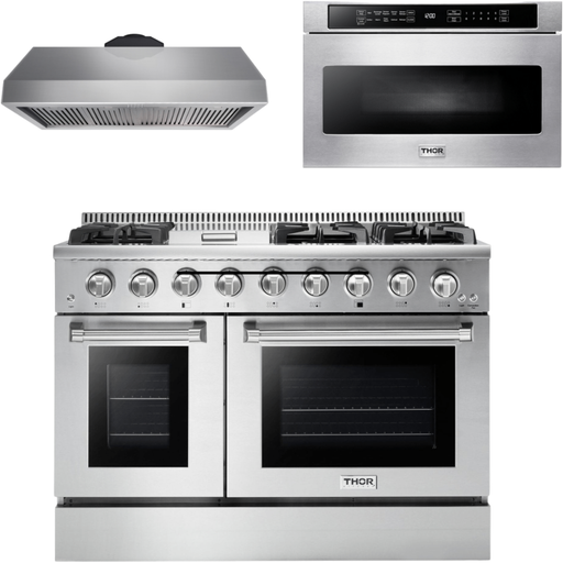 Thor Kitchen 48 in. Gas Burner/Electric Oven Range, Range Hood, Microwave Drawer Appliance Package