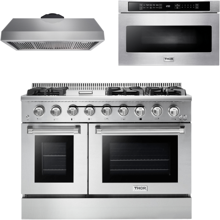 Thor Kitchen Kitchen Appliance Packages Thor Kitchen 48 in. Gas Burner/Electric Oven Range, Range Hood, Microwave Drawer Appliance Package