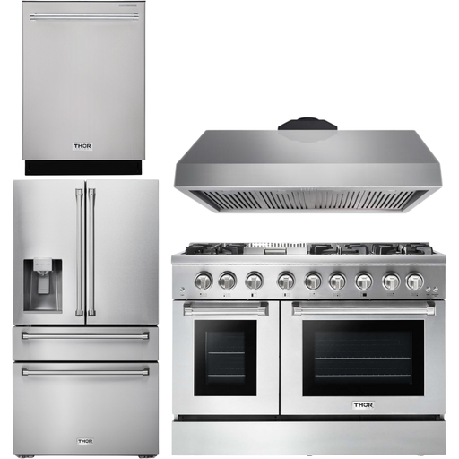 Thor Kitchen 48 In. Gas Burner, Electric Oven Range, Range Hood, Refrigerator, Dishwasher Appliance Package