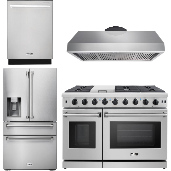 Thor Kitchen 48 in. Gas Range, Range Hood, Dishwasher, Refrigerator with Water and Ice Dispenser Appliance Package