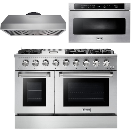 Thor Kitchen 48 in. Gas Range, Range Hood, Microwave Drawer - Stainless Steel Knobs Appliance Package