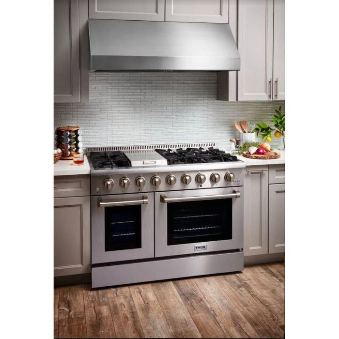 Thor Kitchen Kitchen Appliance Packages Thor Kitchen 48 in. Gas Range, Range Hood, Microwave Drawer - Stainless Steel Knobs Appliance Package