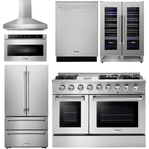 Thor Kitchen 48 In. Gas Range, Range Hood, Refrigerator, Dishwasher, Microwave Drawer, Wine Cooler Appliance Package