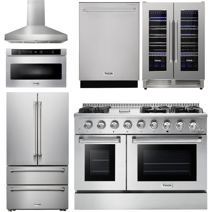 Thor Kitchen Kitchen Appliance Packages Thor Kitchen 48 In. Gas Range, Range Hood, Refrigerator, Dishwasher, Microwave Drawer, Wine Cooler Appliance Package