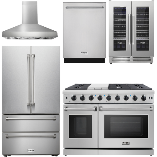 Thor Kitchen 48 In. Gas Range, Range Hood, Refrigerator, Dishwasher, Wine Cooler Appliance Package