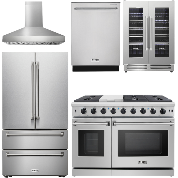 Thor Kitchen Kitchen Appliance Packages Thor Kitchen 48 In. Gas Range, Range Hood, Refrigerator, Dishwasher, Wine Cooler Appliance Package