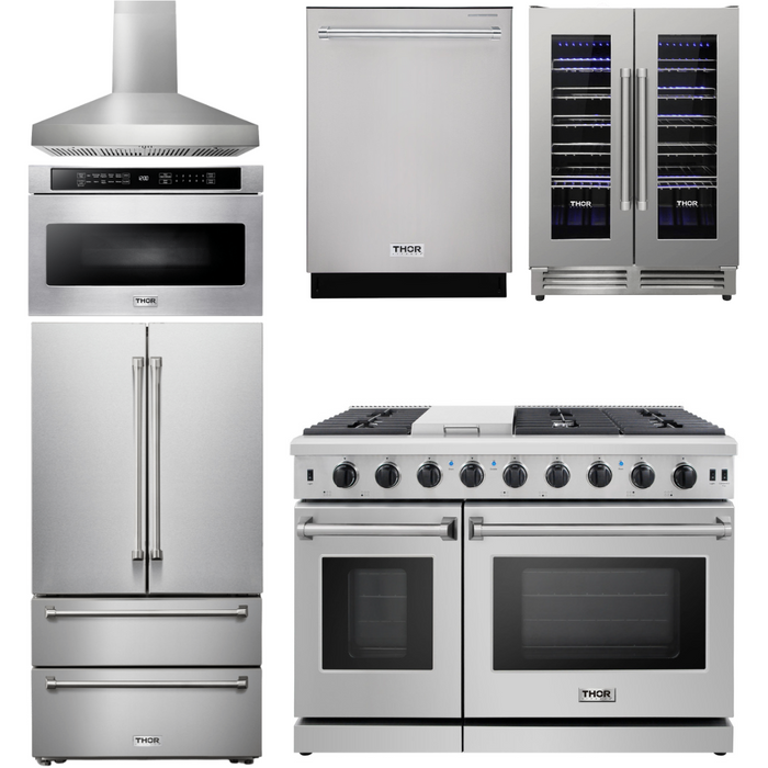 Thor Kitchen Kitchen Appliance Packages Thor Kitchen 48 In. Gas Range, Range Hood, Refrigerator, Dishwasher, Wine Cooler, Microwave Appliance Package