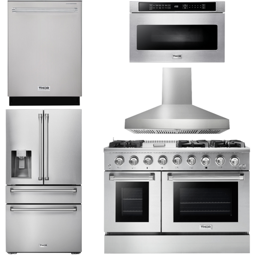 Thor Kitchen Kitchen Appliance Packages Thor Kitchen 48 in. Gas Range, Range Hood, Refrigerator with Water and Ice Dispenser, Dishwasher, Microwave Drawer Appliance Package