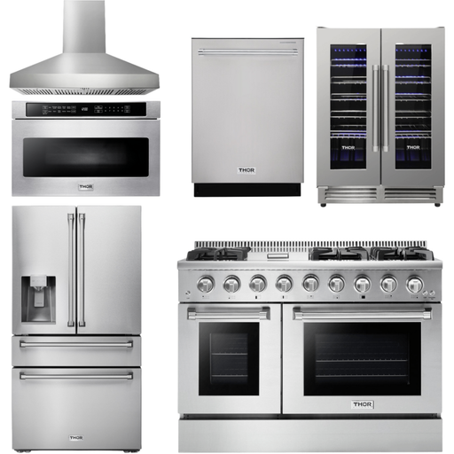 Thor Kitchen 48 in. Gas Range, Range Hood, Refrigerator with Water and Ice Dispenser, Dishwasher, Microwave Drawer, Wine Cooler Appliance Package