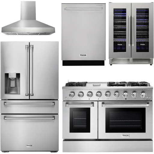 Thor Kitchen Kitchen Appliance Packages Thor Kitchen 48 in. Gas Range, Range Hood, Refrigerator with Water and Ice Dispenser, Dishwasher, Wine Cooler Appliance Package