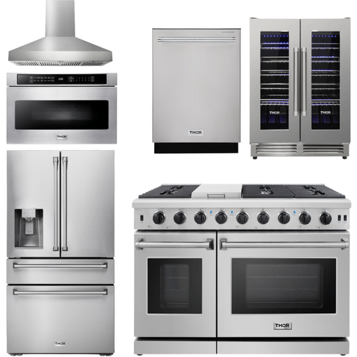 Thor Kitchen 48 in. Gas Range, Range Hood, Refrigerator with Water and Ice Dispenser, Dishwasher, Wine Cooler, Microwave Appliance Package