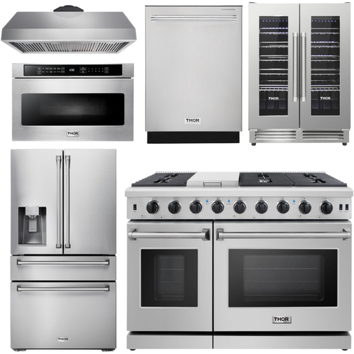 Thor Kitchen 48 in. Gas Range, Range Hood, Refrigerator with Water and Ice Dispenser, Dishwasher, Wine Cooler, Microwave Appliance Package