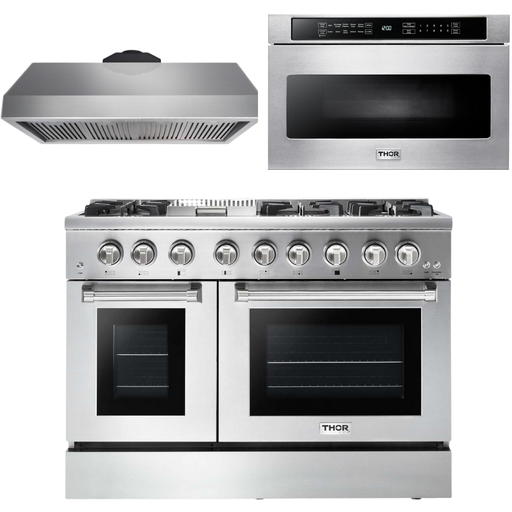 Thor Kitchen Kitchen Appliance Packages Thor Kitchen 48 in. Propane Gas Burner/Electric Oven Range, Range Hood, Microwave Drawer Appliance Package