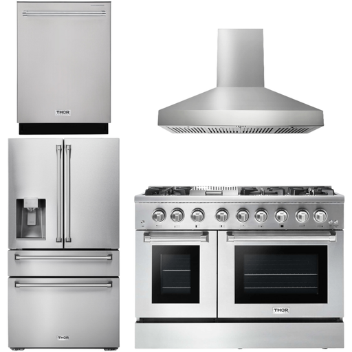 Thor Kitchen 48 In. Propane Gas Burner, Electric Oven Range, Range Hood, Refrigerator, Dishwasher Appliance Package