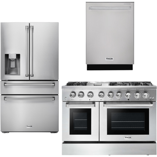 Thor Kitchen Kitchen Appliance Packages Thor Kitchen 48 In. Propane Gas Burner, Electric Oven Range, Refrigerator with Water and Ice Dispenser, Dishwasher Appliance Package