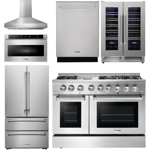 Thor Kitchen Kitchen Appliance Packages Thor Kitchen 48 In. Propane Gas Burner/Electric Range, Range Hood, Refrigerator, Dishwasher, Microwave Drawer, Wine Cooler Appliance Package