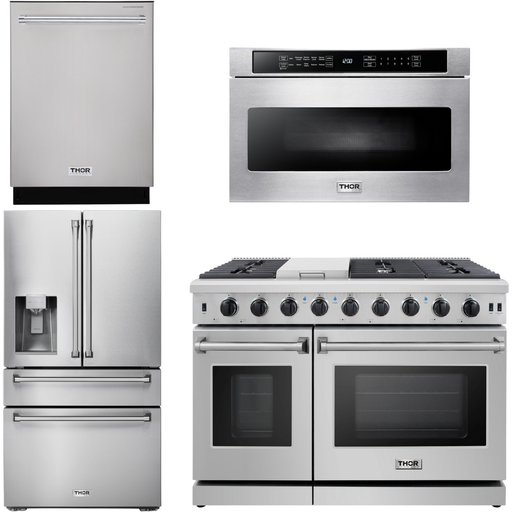 Thor Kitchen Kitchen Appliance Packages Thor Kitchen 48 in. Propane Gas Range, Dishwasher, Refrigerator with Water and Ice Dispenser, Microwave Drawer Appliance Package