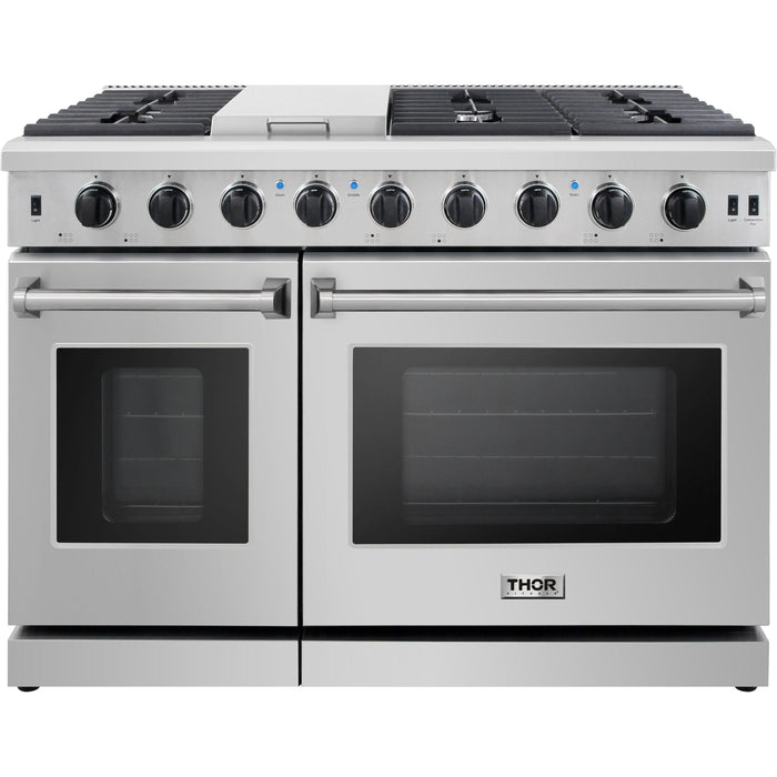 Thor Kitchen 48 in. Propane Gas Range, Range Hood, Dishwasher, Refrigerator with Water and Ice Dispenser Appliance Package