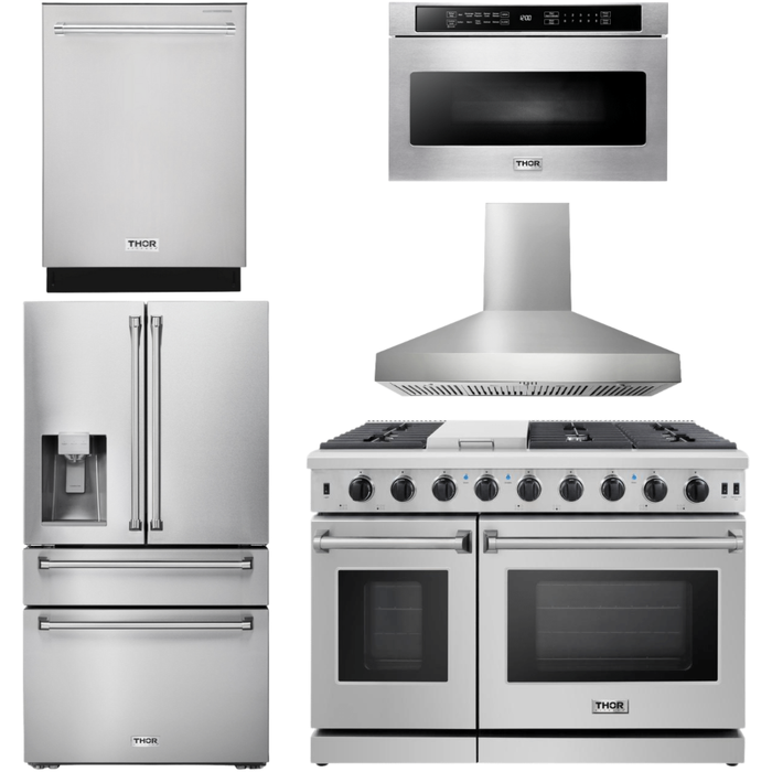 Thor Kitchen 48 in. Propane Gas Range, Range Hood, Dishwasher, Refrigerator with Water and Ice Dispenser, Microwave Drawer Appliance Package