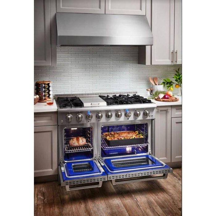 Thor Kitchen 48 in. Propane Gas Range, Range Hood, Microwave Drawer - Stainless Steel Knobs Appliance Package