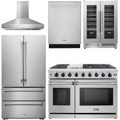 Thor Kitchen Kitchen Appliance Packages Thor Kitchen 48 In. Propane Gas Range, Range Hood, Refrigerator, Dishwasher, Wine Cooler Appliance Package