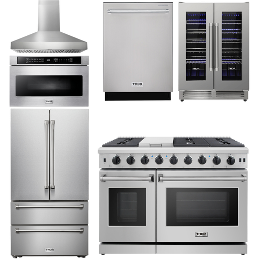 Thor Kitchen Kitchen Appliance Packages Thor Kitchen 48 In. Propane Gas Range, Range Hood, Refrigerator, Dishwasher, Wine Cooler, Microwave Appliance Package