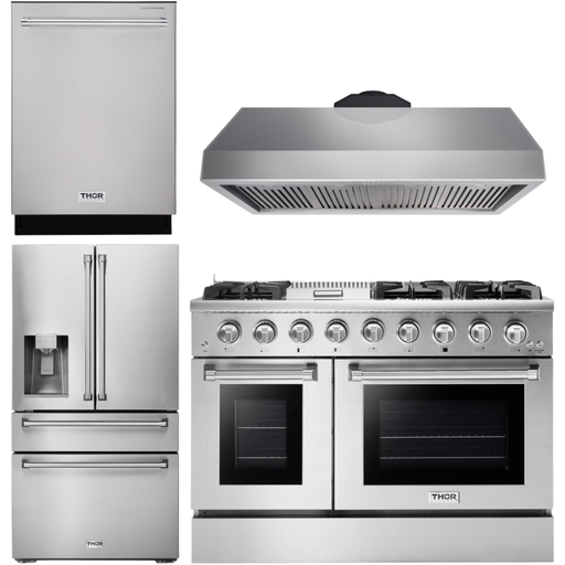 Thor Kitchen 48 in. Propane Gas Range, Range Hood, Refrigerator with Water and Ice Dispenser, Dishwasher Appliance Package