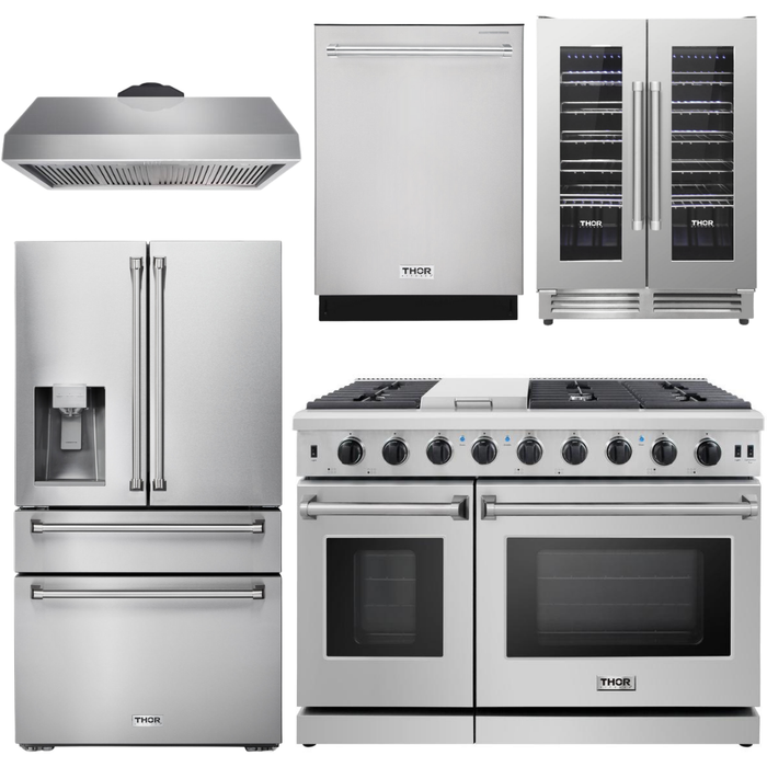 Thor Kitchen 48 In. Propane Gas Range, Range Hood, Refrigerator with Water and Ice Dispenser, Dishwasher & Wine Cooler Appliance Package