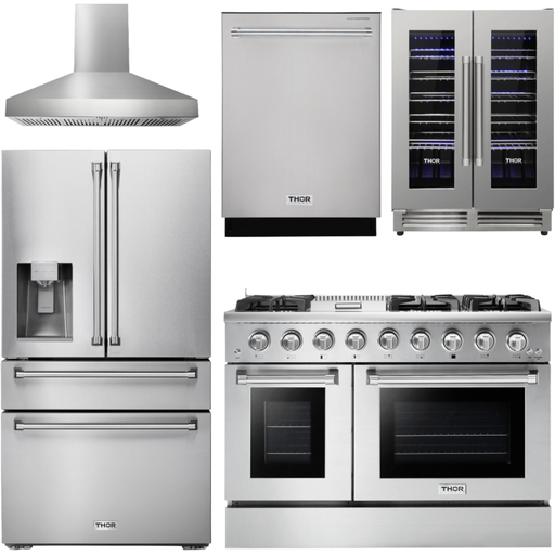 Thor Kitchen 48 in. Propane Gas Range, Range Hood, Refrigerator with Water and Ice Dispenser, Dishwasher, Wine Cooler Appliance  Package