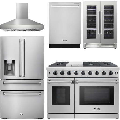 Thor Kitchen 48 In. Propane Gas Range, Range Hood, Refrigerator with Water and Ice Dispenser, Dishwasher, Wine Cooler Appliance Package