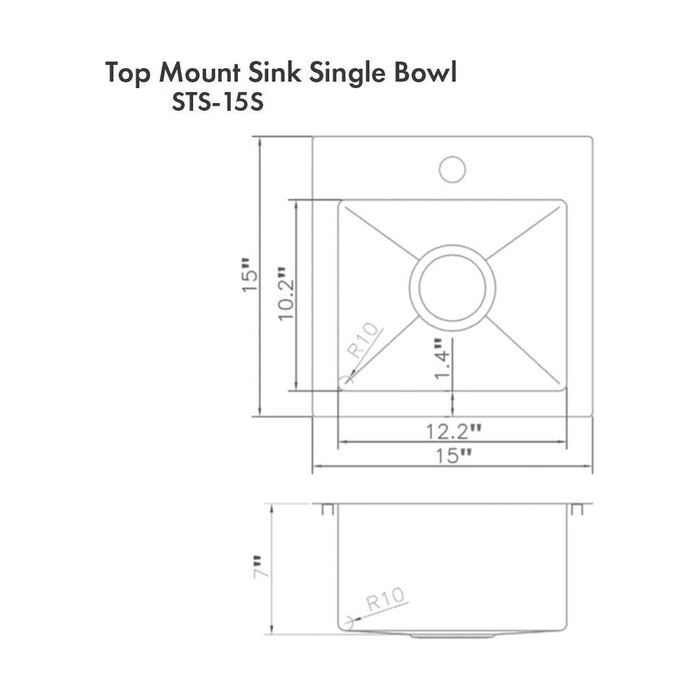 ZLINE 15 in. Donner Topmount Single Bowl DuraSnow® Stainless Steel Bar Kitchen Sink, STS-15S