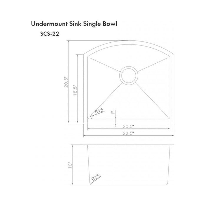 ZLINE 22 in. Telluride Undermount Single Bowl Stainless Steel Kitchen Sink with Bottom Grid, SCS-22