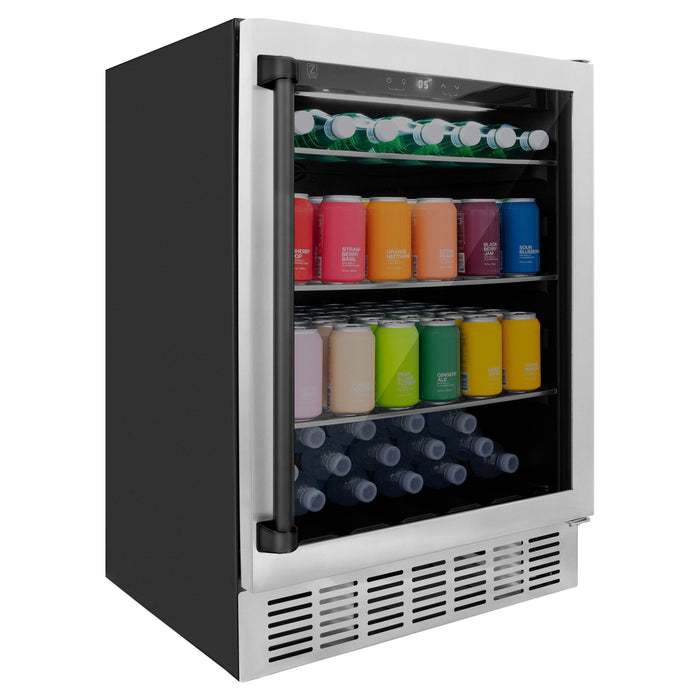 ZLINE 24" Autograph 154 Can Beverage Fridge in Stainless Steel with Black Accents - Monument Series, RBVZ-US-24-MB