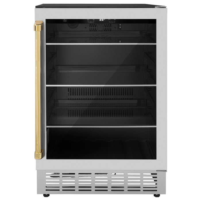 ZLINE 24" Autograph 154 Can Beverage Fridge in Stainless Steel with Gold Accents - Monument Series, RBVZ-US-24-G