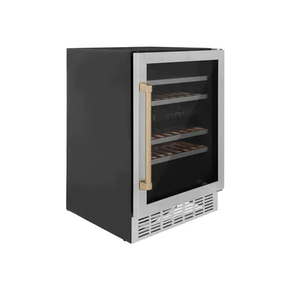 ZLINE 24" Autograph Dual Zone 44-Bottle Wine Cooler in Stainless Steel with Champagne Bronze Accents, RWVZ-UD-24-CB