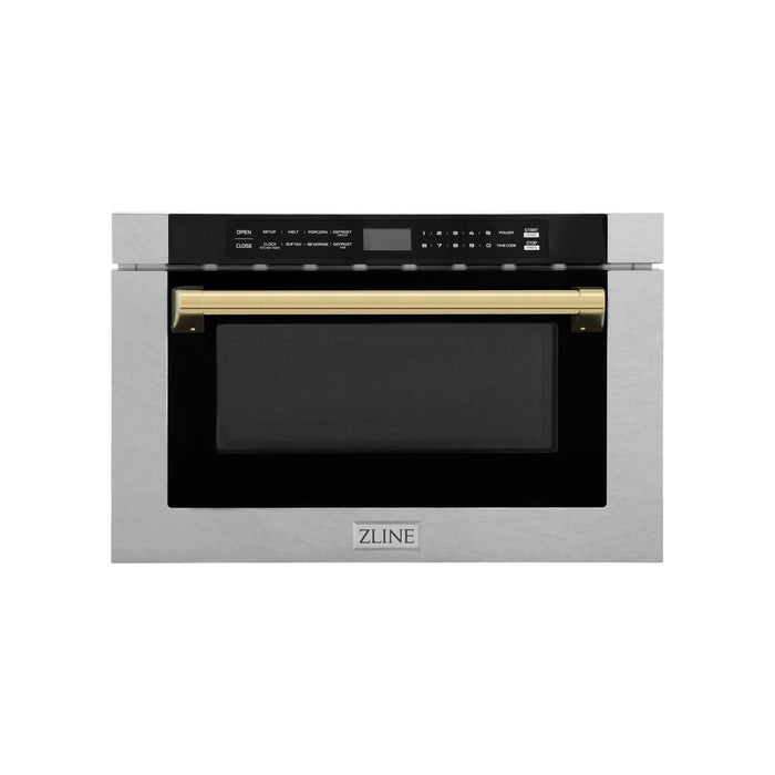 ZLINE 24 In. 1.2 cu. ft. Built-in Microwave Drawer with a Traditional Handle in Fingerprint Resistant Stainless Steel and Gold Accents, MWDZ-1-SS-H-G