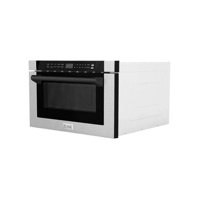 ZLINE Microwaves ZLINE 24 In. 1.2 cu. ft. Built-in Microwave Drawer with a Traditional Handle in Fingerprint Resistant Stainless Steel and Matte Black Accents, MWDZ-1-SS-H-MB