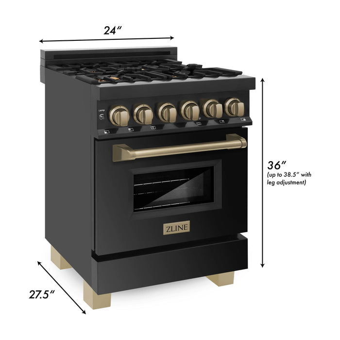 ZLINE Ranges ZLINE 24 in. Autograph Edition Dual Fuel Range In Black Stainless Steel with Gold Accents RABZ-24-G