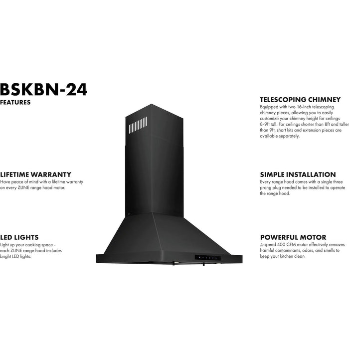 ZLINE 24 in. Convertible Vent Wall Mount Range Hood in Black Stainless Steel, BSKBN-24