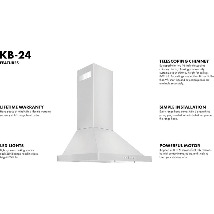 ZLINE 24 in. Convertible Vent Wall Mount Range Hood in Stainless Steel, KB-24