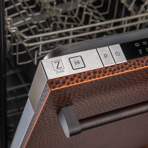 ZLINE Dishwashers ZLINE 24 in. Top Control Dishwasher In Hand-Hammered Copper with Traditional Style Handle DW-HH-H-24