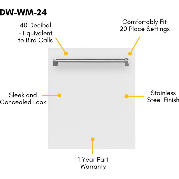 ZLINE 24 in. Top Control Dishwasher in White Matte with Stainless Steel Tub DW-WM-24