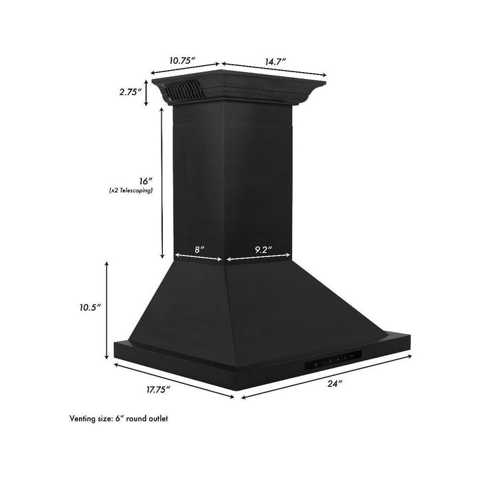 ZLINE 24 in. Wall Mount Range Hood In Black Stainless Steel with BlueTooth Crown Molding BSKBNCRN-BT-24