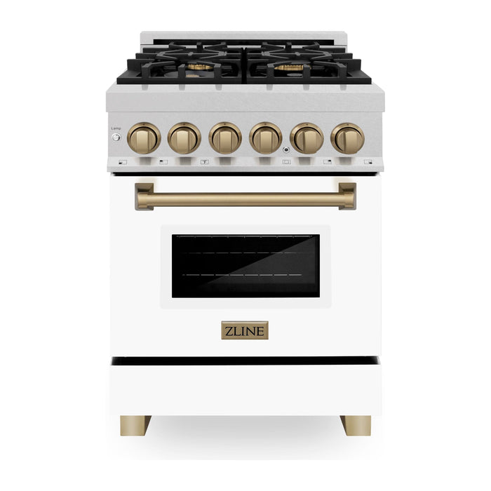 ZLINE 24 Inch Autograph Edition Dual Fuel Range In DuraSnow Stainless Steel with White Matte Door and Champagne Bronze Accents RASZ-WM-24-CB