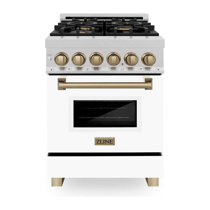 ZLINE Ranges ZLINE 24 Inch Autograph Edition Dual Fuel Range In DuraSnow Stainless Steel with White Matte Door and Champagne Bronze Accents RASZ-WM-24-CB