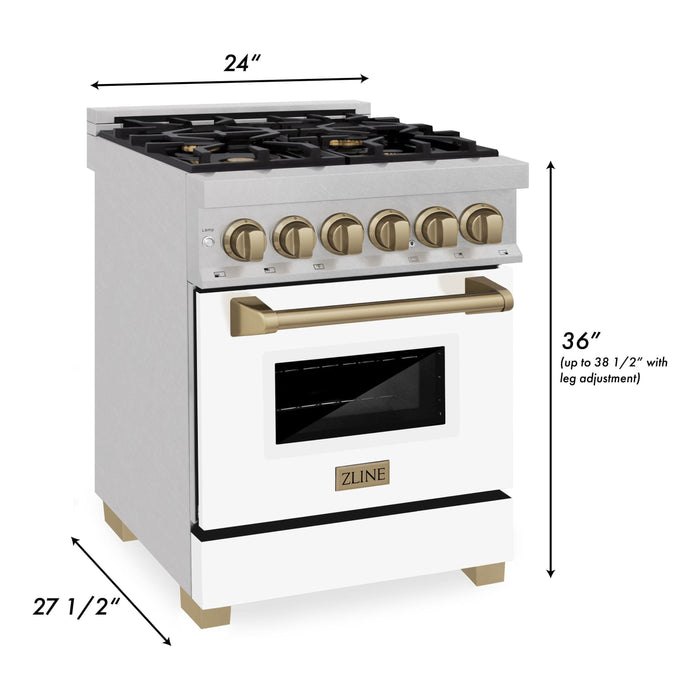 ZLINE Ranges ZLINE 24 Inch Autograph Edition Dual Fuel Range In DuraSnow Stainless Steel with White Matte Door and Champagne Bronze Accents RASZ-WM-24-CB