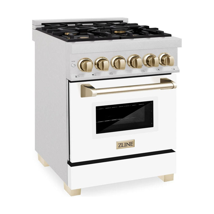 ZLINE 24 Inch Autograph Edition Dual Fuel Range In DuraSnow Stainless Steel with White Matte Door and Gold Accents RASZ-WM-24-G