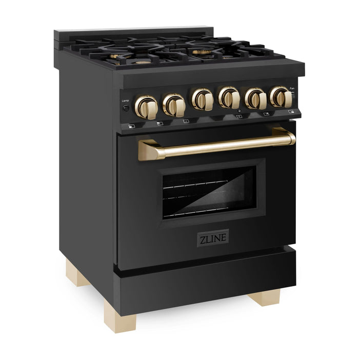 ZLINE 24 Inch Autograph Edition Gas Range in Black Stainless Steel with Gold Accents, RGBZ-24-G